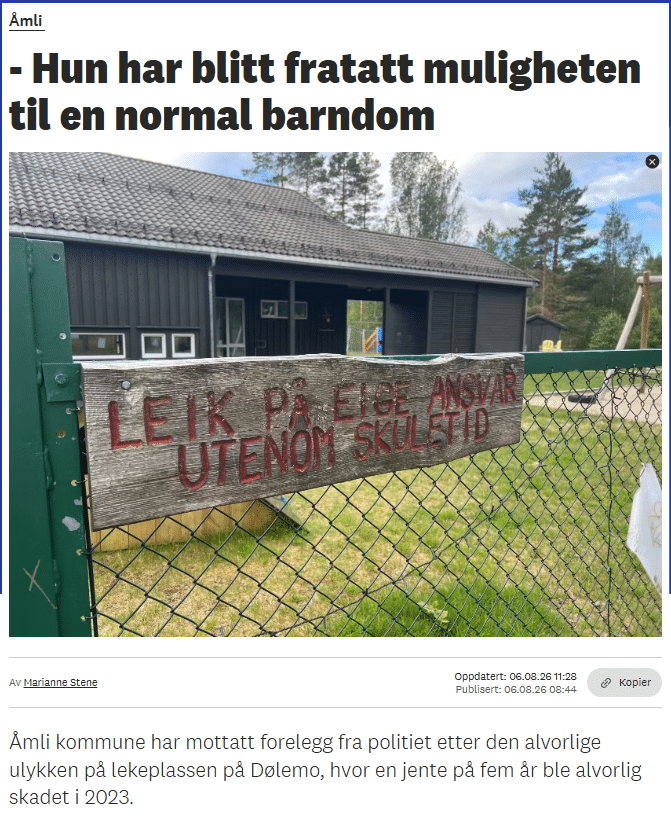 Faksimile Tvedestrandsposten 06.08.2026 - jente skadet på lekeplass