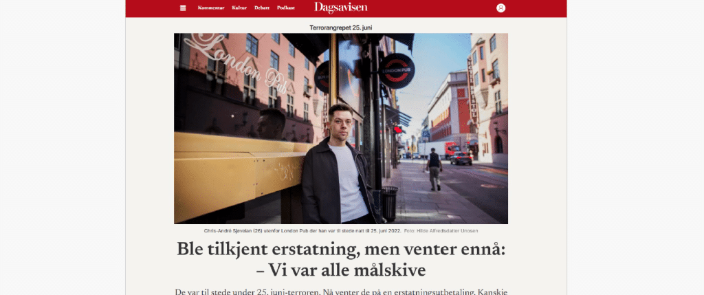 Faksimilie fra Dagsavisen 25.09.26 - erstatningssaken etter terrorhendelsen i Oslo 25.06.22